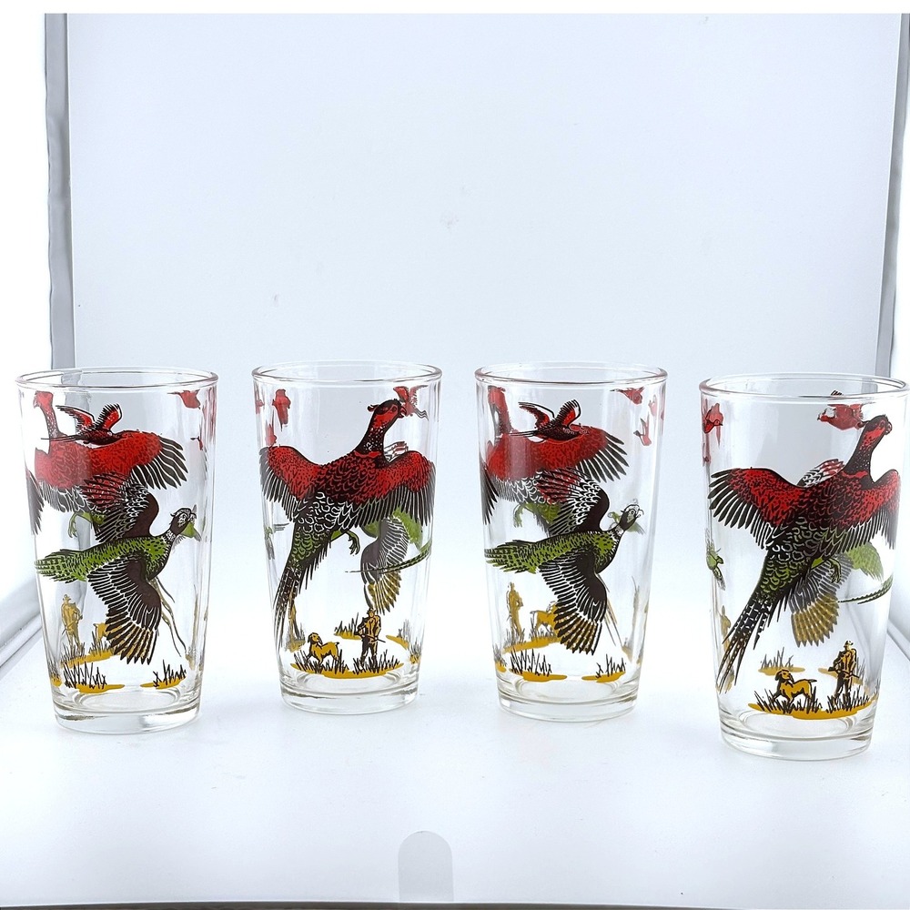 Vintage Hazel-Atlas Glass CO Pheasant Hunting Scene Drinking Tumblers
